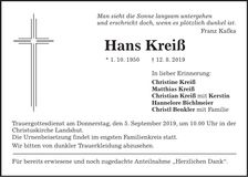 Traueranzeige Hans Kreiß
