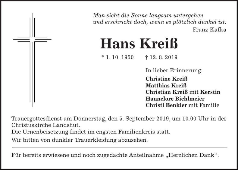 Traueranzeige Hans Kreiß