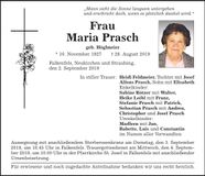 Traueranzeige Maria Prasch