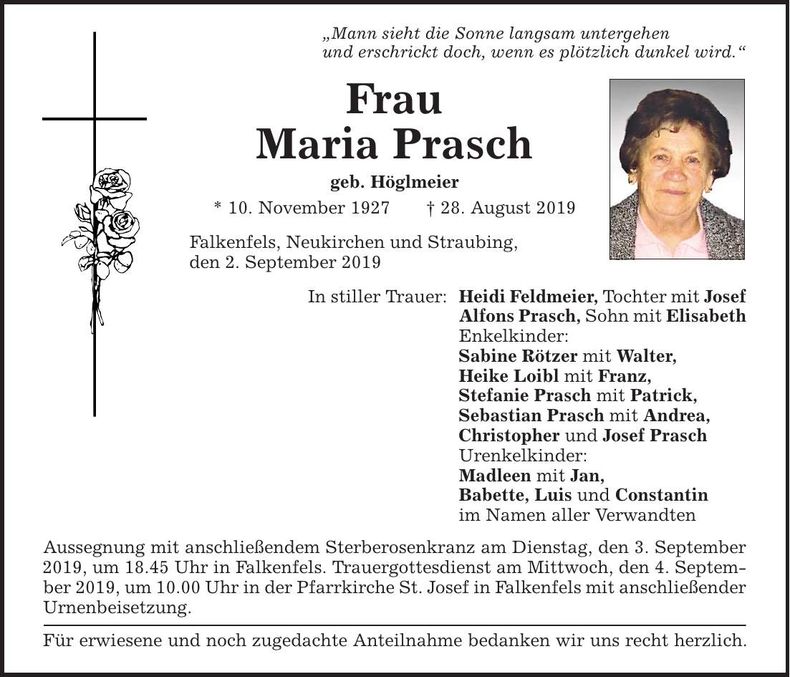 Traueranzeige Maria Prasch