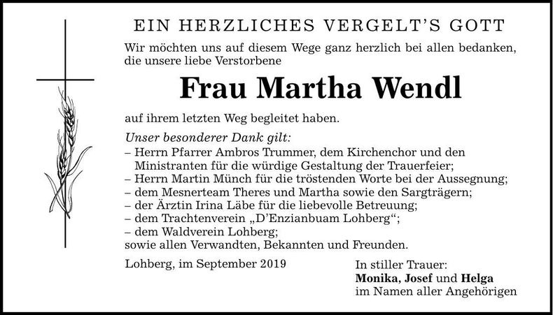 Traueranzeige Martha Wendl