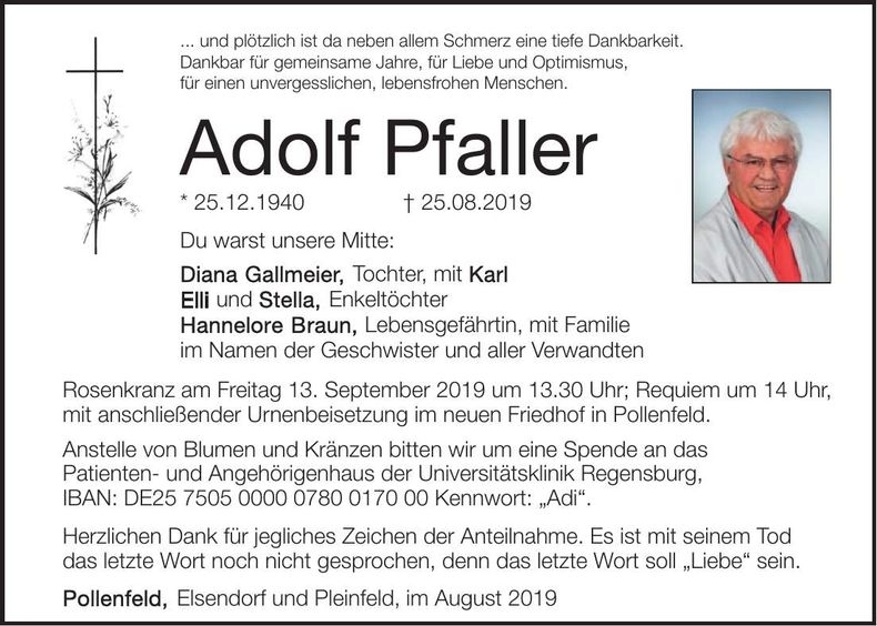 Traueranzeige Adolf Pfaller