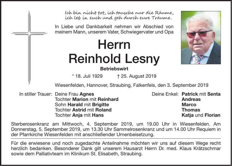 Traueranzeige Reinhold Lesny