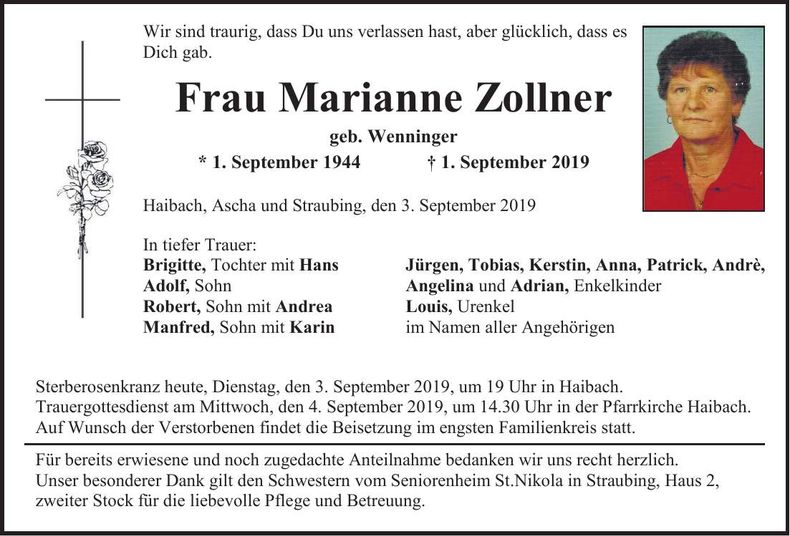 Traueranzeige Marianne Zollner