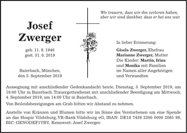 Traueranzeige Josef Zwerger