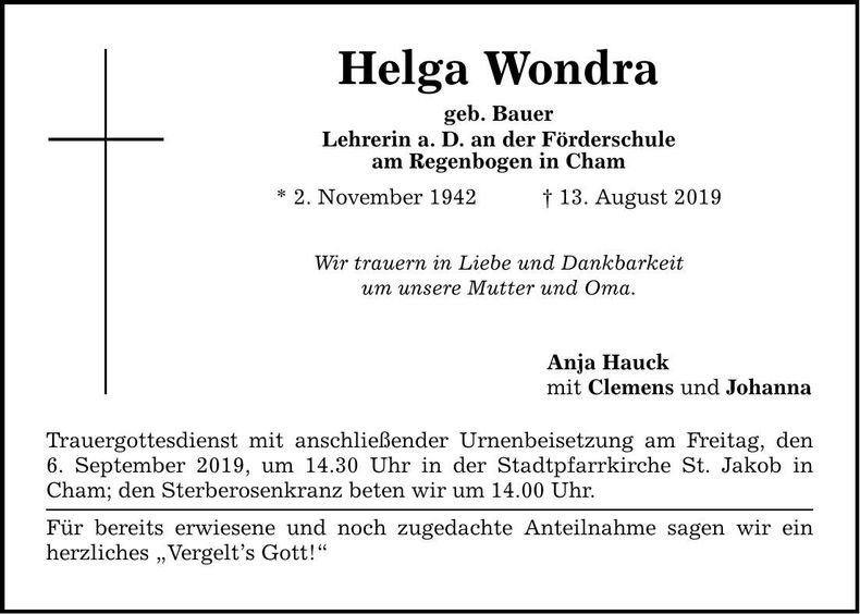 Traueranzeige Helga Wondra