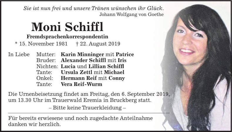 Traueranzeige Moni Schiffl