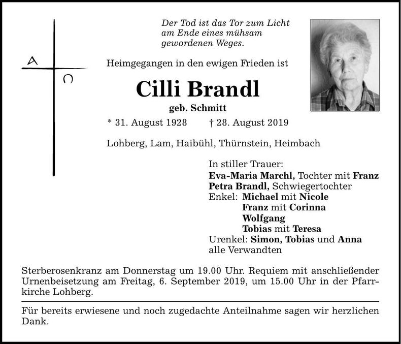 Traueranzeige Cilli Brandl