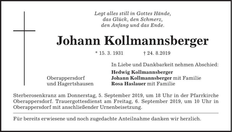 Traueranzeige Johann Kollmannsberger
