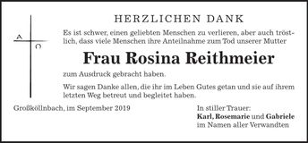 Traueranzeige Rosina Reithmeier