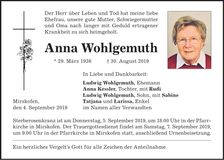 Traueranzeige Anna Wohlgemut