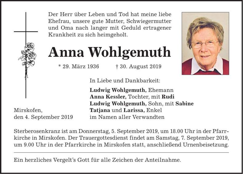 Traueranzeige Anna Wohlgemut