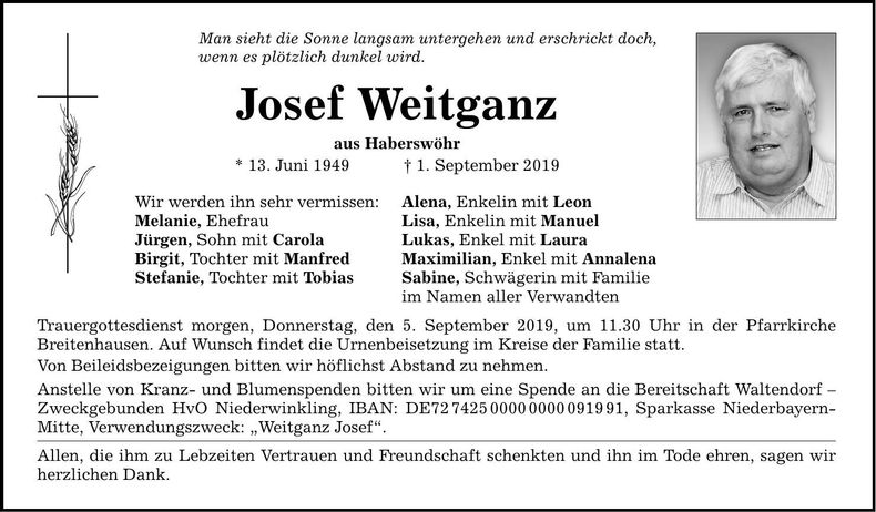 Traueranzeige Josef Weitganz