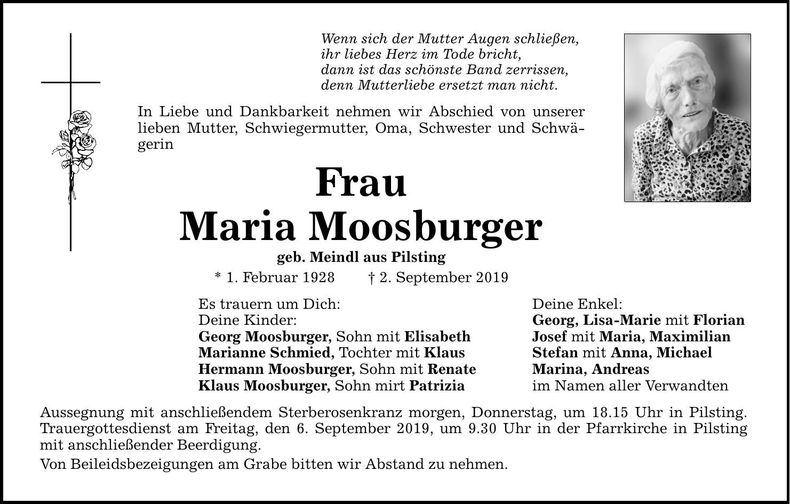 Traueranzeige Maria Moosburger