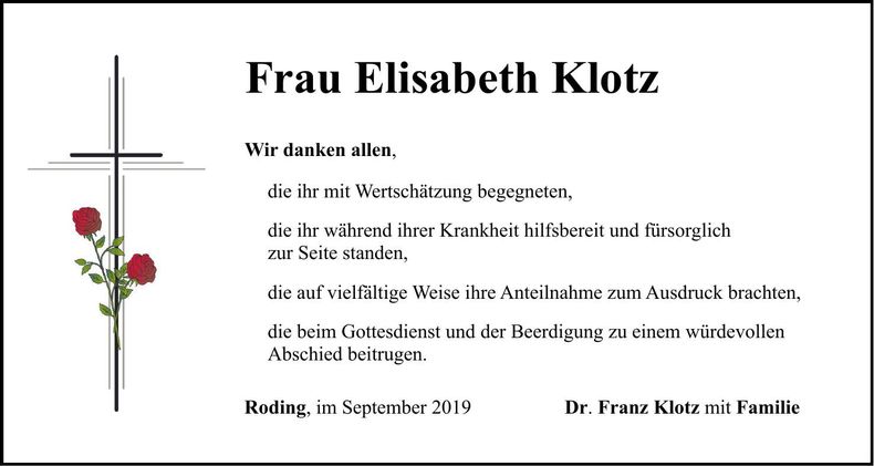 Traueranzeige Elisabeth Klotz