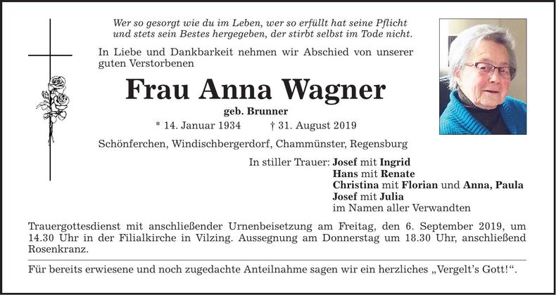 Traueranzeige Anna Wagner