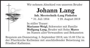 Traueranzeige Johann Lang