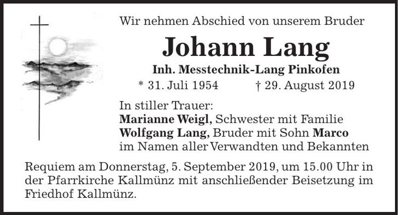 Traueranzeige Johann Lang