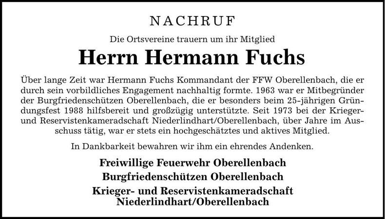 Traueranzeige Hermann Fuchs