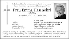 Traueranzeige Emma Hasenöhrl
