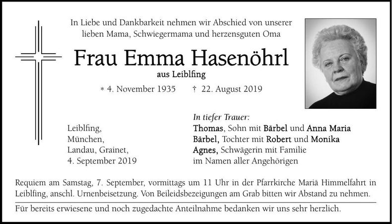 Traueranzeige Emma Hasenöhrl