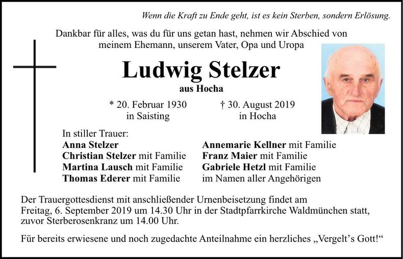 Traueranzeige Ludwig Stelzer