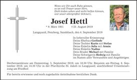 Traueranzeige Josef Hettl