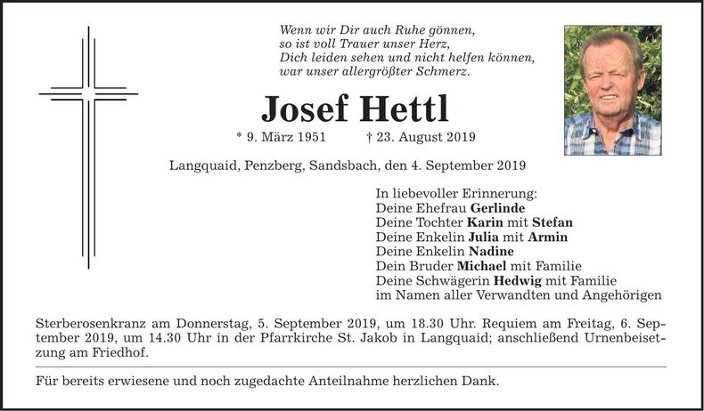 Traueranzeige Josef Hettl