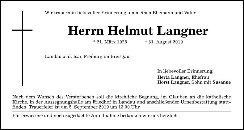 Traueranzeige Helmut Langener