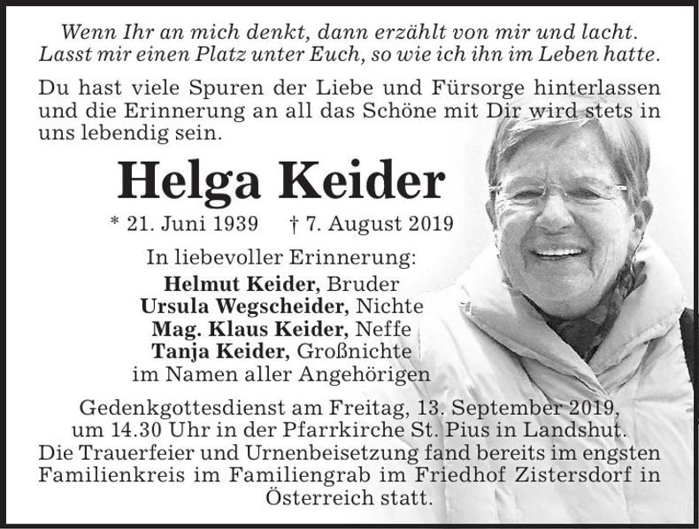 Traueranzeige Helga Keider