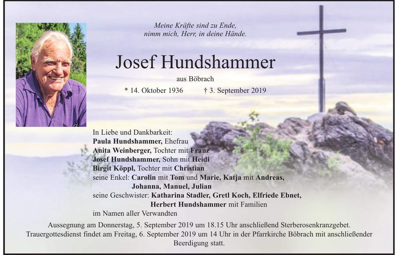 Traueranzeige Josef Hundshammer