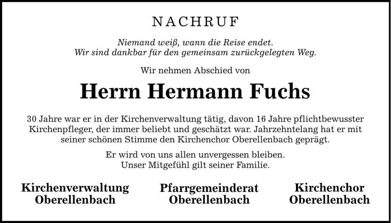 Traueranzeige Hermann Fuchs