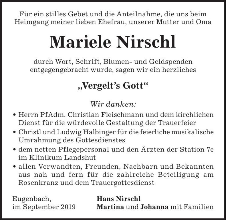 Traueranzeige Mariele Nirschl