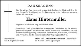 Traueranzeige Hans Hintermüller