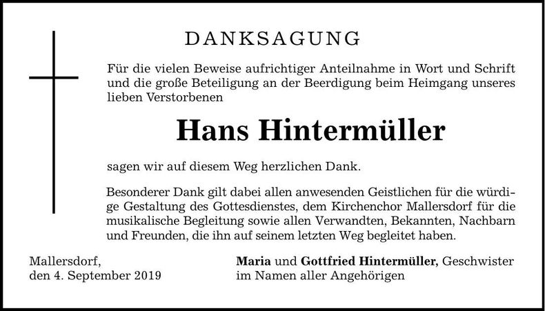 Traueranzeige Hans Hintermüller