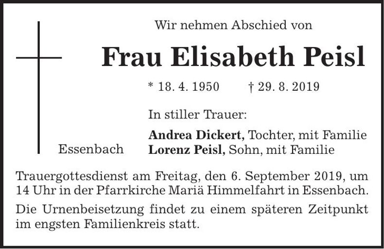 Traueranzeige Elisabeth Peisl