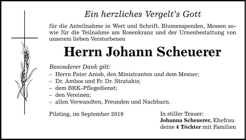 Traueranzeige Johann Scheuerer
