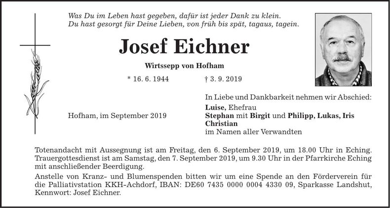 Traueranzeige Josef Eichner