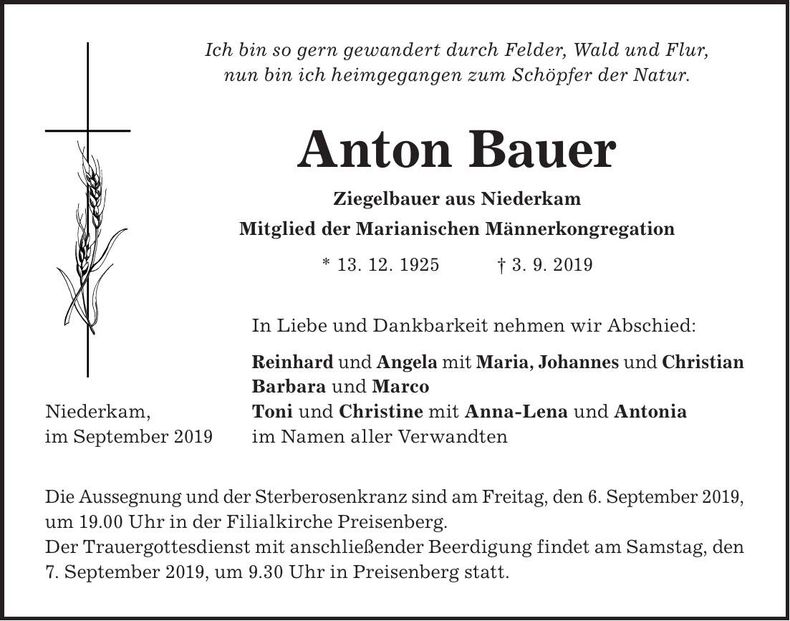 Traueranzeige Anton Bauer
