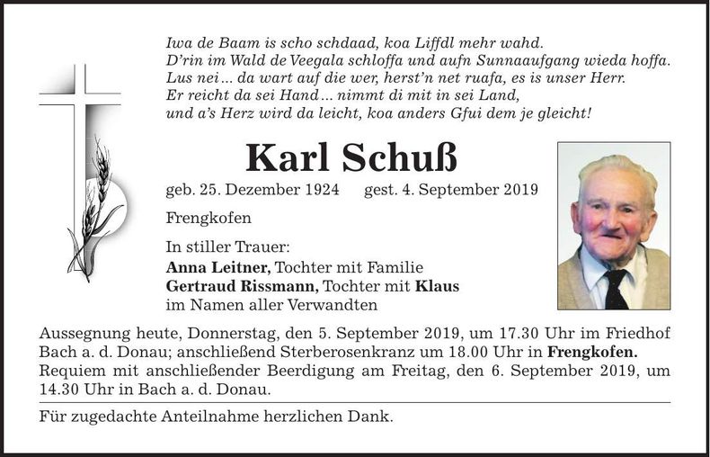 Traueranzeige Karl Schuß