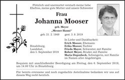 Traueranzeige Johanna Mooser