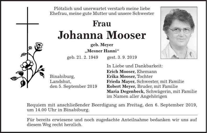 Traueranzeige Johanna Mooser