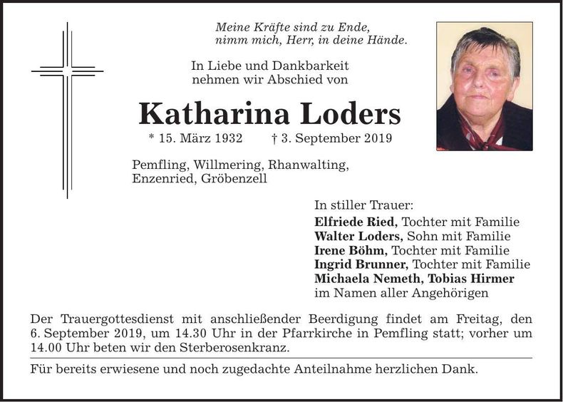 Traueranzeige Katharina Loders