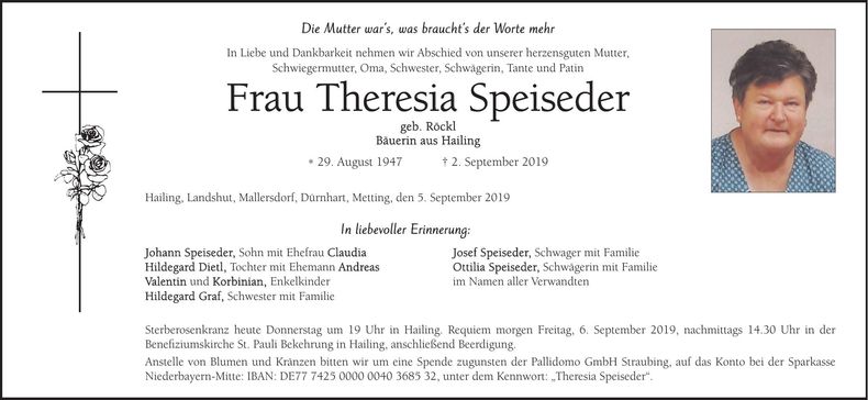 Traueranzeige Theresia Speiseder