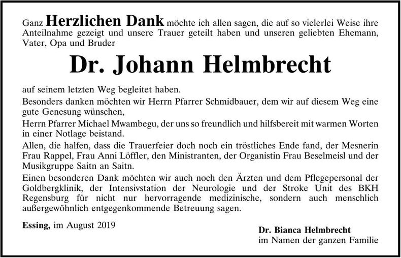 Traueranzeige Johann Helmbrecht Dr.