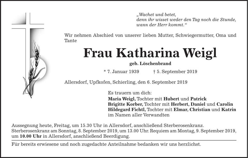 Traueranzeige Katharina Weigl