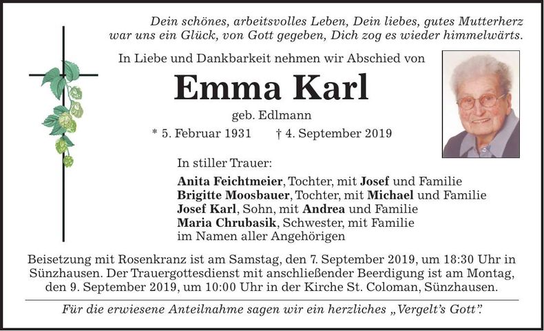 Traueranzeige Emma Karl