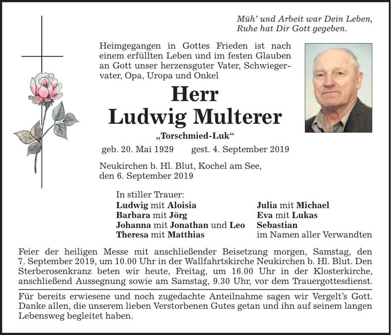 Traueranzeige Ludwig Multerer