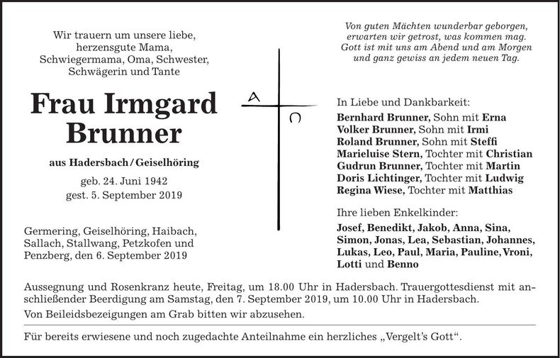 Traueranzeige Irmgard Brunner