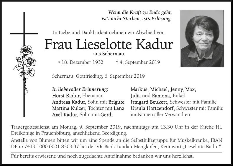 Traueranzeige Lieselotte Kadur